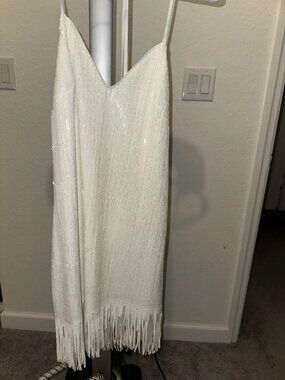 Guess by Marciano Dress White Sequin with Fringe Detail